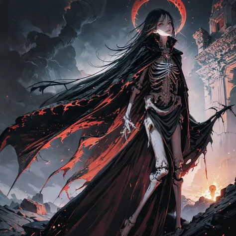 full-body shot, wide-angle lens, upward shot, best quality, 4K, high resolution, masterpiece, Very detailed, Mood lighting, An undead girl in a long cape, Whole body including hands & arms & legs & feet are all skeleton bones but except the head is still b...