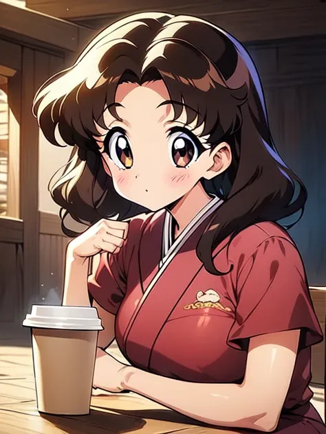 young girl holding a cup of coffee in her hand, girl with a cute face, cute natural anime face, with a sweet - beautiful - face,...