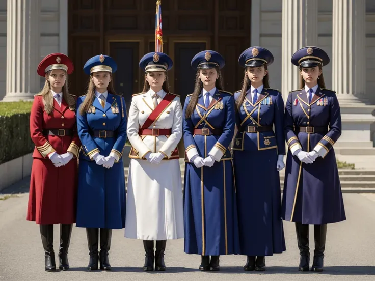 Four women dressed as old-fashioned European honor guards