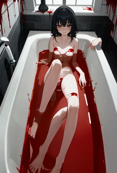 A , thin, lies naked with her legs spread, on a bathtub filled with blood  