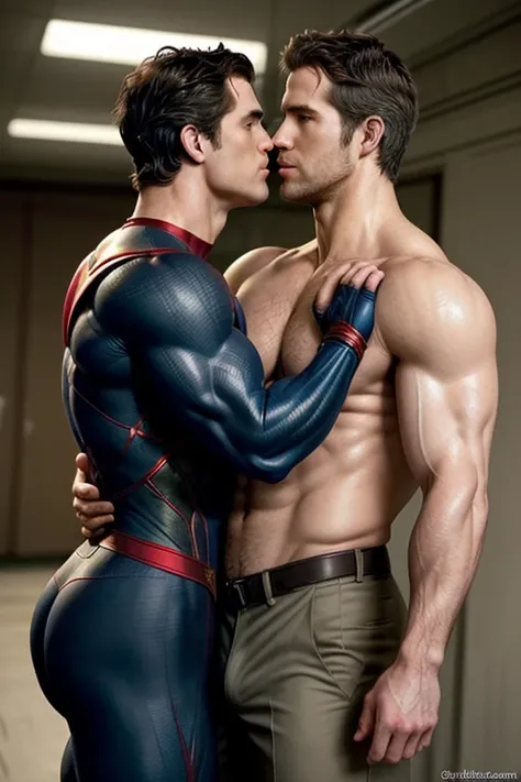 Henry Cavill y Ryan Reynolds, muscular, kissing in very tight clothes, large lumps 