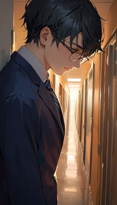 18 years old, a handsome boy, Black Hair, Short Hair,Glasses, blazer, high school student,Introvert,Are standing,Looking down,corridor,(Upper Body)