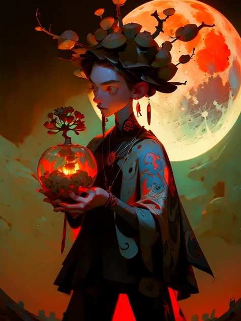 A shaman with tattoos holds a red fly agaric in his hands. night,  moon , shaman&#39;s drum with runes