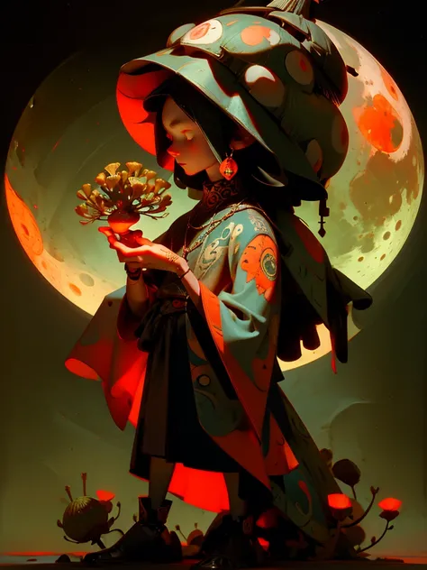 A shaman with tattoos holds a red fly agaric in his hands. night,  moon , shaman&#39;s drum with runes