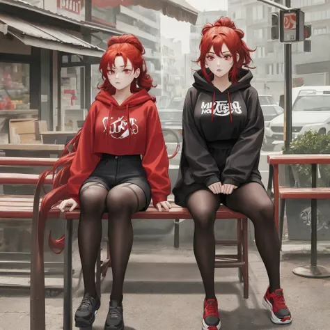 1 girl, Red hair, Coiled hairstyle, Wisps of hair on the face, Red Eyes, mascara, Oversized Hoodie, diaphragm, Hot Pants, Tights, laced Tights, Eye bags, sit, cafes, Ground angle shooting, The audience looks up, feet in Tights,  Sagging breasts, Shock, Ori...