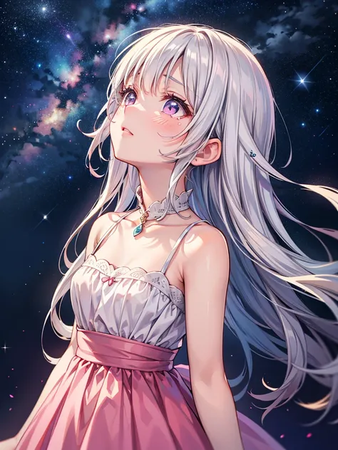 Highly detailed face,fine grain,pretty girl,Beautiful silver hair,Pink inside,dress, Starry Sky,I want to cry, Simple Background, look up, Long Shot