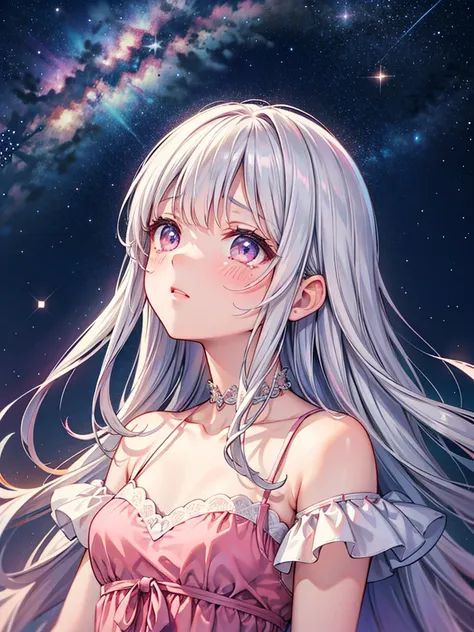 Highly detailed face,fine grain,pretty girl,Beautiful silver hair,Pink inside,dress, Starry Sky,I want to cry, Simple Background, look up, Long Shot