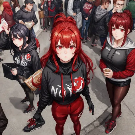 1 girl, Red hair, Coiled hairstyle, Wisps of hair on the face, Red Eyes, mascara, Oversized Hoodie, diaphragm, Hot Pants, Tights, laced Tights, Eye bags, sit, cafes, Ground angle shooting, The audience looks up, feet in Tights,  Sagging breasts, Shock, Ori...