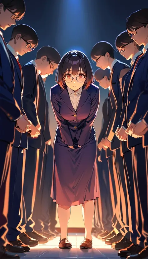 A high school girl with black short bob hair, wearing a navy blazer ,Glasses, Navy long skirt,please,Are standing,Bowing the head,Leaning forward,Both hands in front of the chest, Looking up at the situation