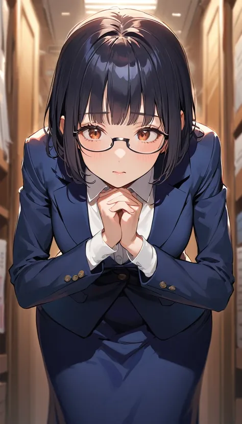 A high school girl with black short bob hair, wearing a navy blazer ,Glasses, Navy long skirt,please,Are standing,Bowing the head,Leaning forward,Both hands in front of the chest, Looking up at the situation