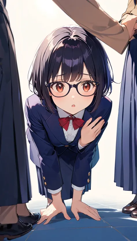 A high school girl with black short bob hair, wearing a navy blazer ,Glasses, Navy long skirt,please,Are standing,Bowing the head,Leaning forward,Both hands in front of the chest, Looking up at the situation