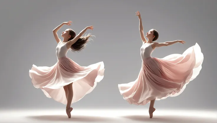 dance photography；a dancer，solitary；a dancing little girl；long skirt，plain style，gray pink and white gradient，traditional style，...