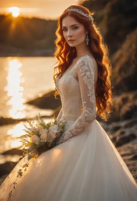 a beautiful adult woman in a wedding dress with long curly red hair, elegant figure, graceful as a swan, sunset on the beach, warm golden light, realistic, HDR, 8K, (best quality, 4k, 8k, highres, masterpiece:1.2), ultra-detailed, (realistic, photorealisti...