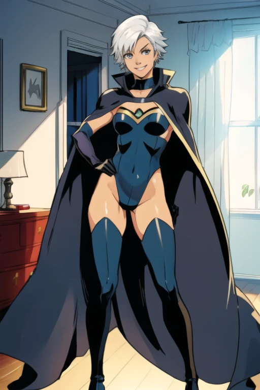 X men, 1girl, solo, cape, long cape, thigh highs, gloves, Ororo, bodysuit, strapless, white hair, short hair, room , standing, smile