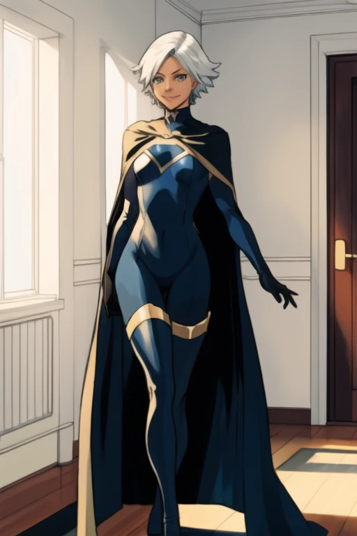 X men, 1girl, solo, cape, long cape, thigh highs, gloves, Ororo, bodysuit, strapless, white hair, short hair, room , standing, smile