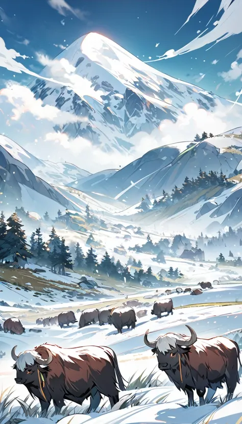 grasslands under snowy mountains，a group of yaks eating grass，beautiful scene，rich in details