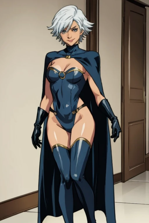 X men, 1girl, solo, cape, long cape, thigh highs, gloves, Ororo, bodysuit, strapless, white hair, short hair, room , standing, smile