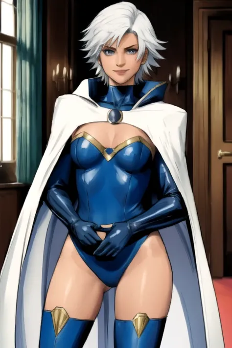 X men, 1girl, solo, cape, long cape, thigh highs, gloves, Ororo, bodysuit, strapless, white hair, short hair, room , standing, smile