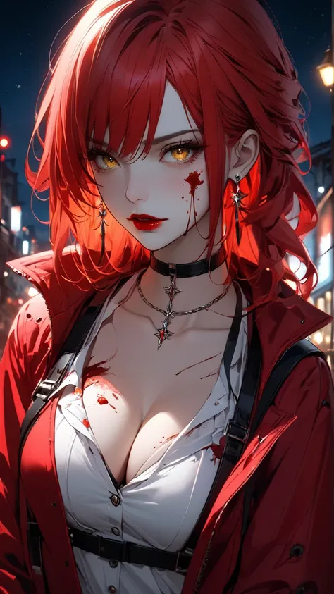 best quality, super_delicate, beautiful, 8k,red jacket, earrings, choker, concept, night, blood on face1:3, red eyes, harness, red lips white shirt, yellow eyes, cleavage, split-blue-red-hair