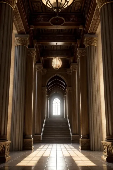 Generate an image of there is a room with many columns and a staircase, ancestor. atmospheric lighting, Detailed textures and lighting, ancestor persian temple dungeon, detailed lighting and textures, ancestor temple, unreal 3 non-engine rendering, old rom...