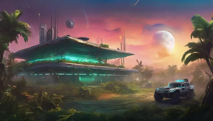 Create a high-resolution background image for a futuristic battle royale game lobby. The scene should depict a dramatic, immersive environment that fits the games theme. Imagine the following elements:
1. Location: An island with varied terrain, including ...