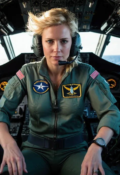 8-K Quality, High Definition, Fighter Pilot, A blonde woman, Flight deck of an aircraft carrier, The moment she gets into the cockpit, Beautiful, Good style, Clear sea, Dark shadow, Her plane is an FA-18, She is about to put on her flight helmet,