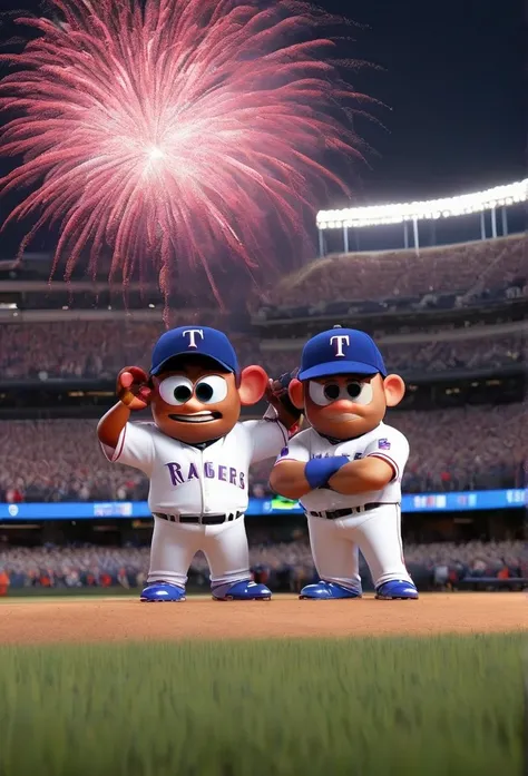 Texas Rangers team win the world series rush field celebrating fire works 3D Pixar style