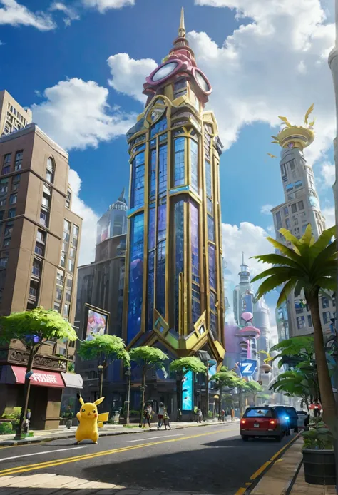 pokémon legends z-a, eco futuristic lumiose city prism tower, palm tree lined street with with wild pokemon running around, dete...