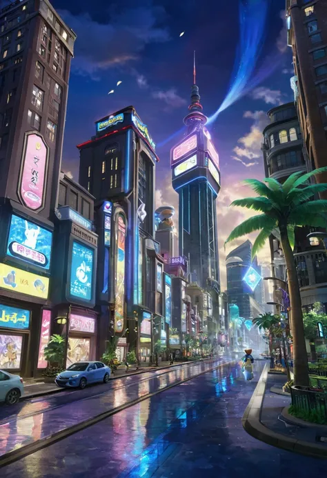 pokémon legends z-a, eco futuristic lumiose city prism tower, palm tree lined street with with wild pokemon running around, dete...