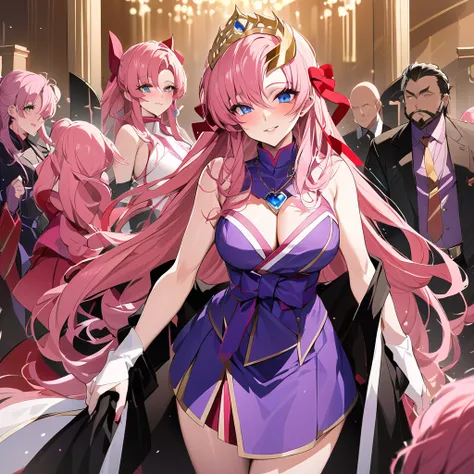 ((Highest quality)), ((masterpiece)), (detailed), （Perfect Face）、The woman is Lacus Clyne, a shrine maiden of an evil god and the wife of the leader of an evil god cult. She has blue eyes, medium-long pink hair, a hair ornament, is wearing the shrine maide...