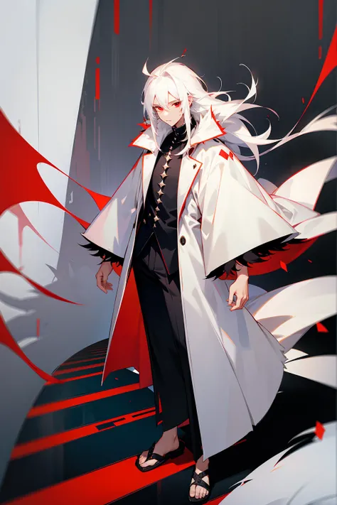 1male, Adult, Long White Hair, Spikey Hair, White Fur Coat, Black Shirt, Sandals, Baggy Black Pants, Red Eyes, Standing on Path, Neutral Face, Facing Viewer