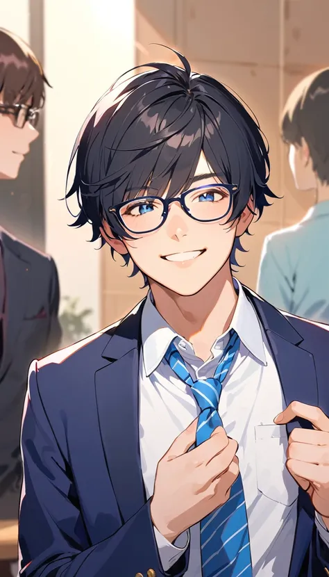 18 years old, a handsome boy, Black Hair, Short Hair,Glasses, blazer, Blue tie,high school student,Introvert,smile,nod