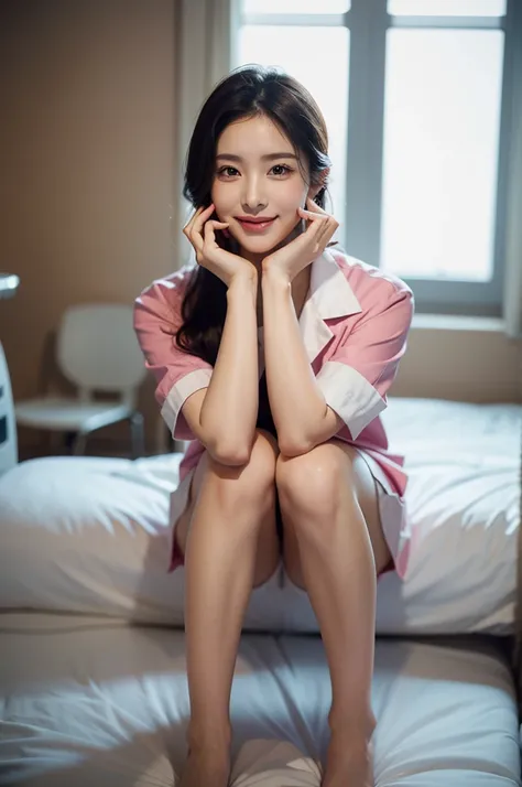 masterpiece,best quality,4k,(full shot),1girl, (hands under chin:1.4), standing, smiling beautiful Japanese female nurse wearing pink nurse uniform, hourglass, slim, beautiful detailed face, black hair, pale skin, fair skin, realistic skin, detailed cloth ...