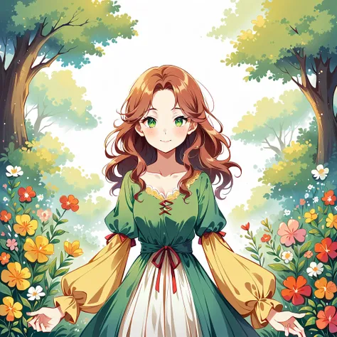 Mai Yoneyama style, Standing in front of a high wall，Simple Line Initialism，Abstract art，jungle Background, (((The most beautiful Irish girl with auburn wavy hair and Freckles on face ) with traditional green Irish dress)), colorful flowers, Lips in Love