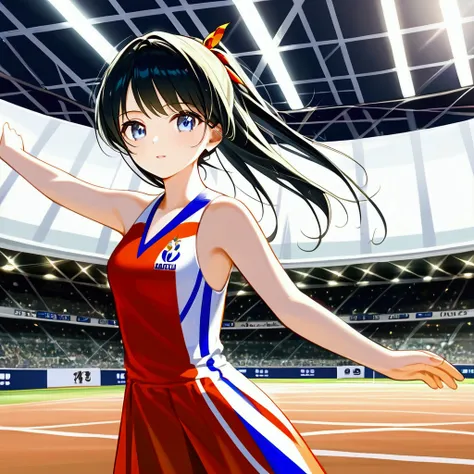 masterpiece, best quality, source anime, official art, 8k, ultra-detailed,very aesthetic, absurdres, perfect anatomy, dramatic angle, Womens high jump, Olympic, outdoor, stadium, cinematic lighting, newest, Perfect Hands