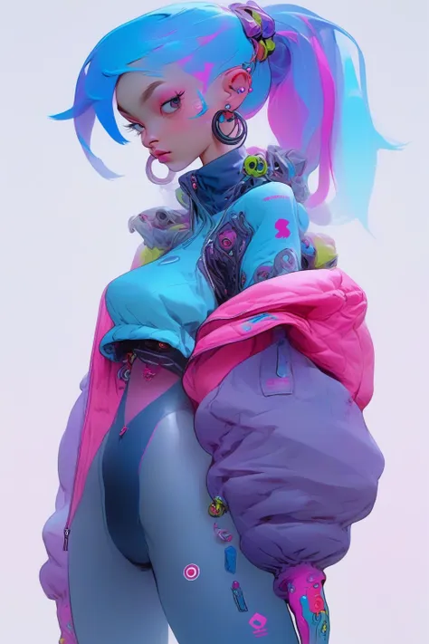 1girl, solo, pink hair, ponytail, pink eyes, jacket, long hair, multicolored hair, bodysuit, blue hair, looking at viewer, pink ...