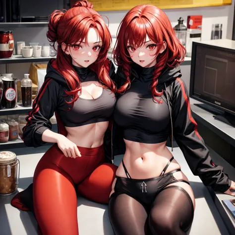 1 girl, Red hair, Coiled hairstyle, Wisps of hair on the face, Red Eyes, mascara, Oversized Hoodie, diaphragm, Hot Pants, Tights, laced Tights, sit, cafes, feet in Tights,Large Breasts, 8k, masterpiece,cleavage，Showing belly，Show your shoulders