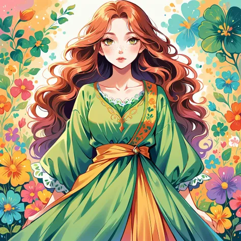 Mai Yoneyama style, Standing in front of a high wall，Simple, Line Initialism，Abstract art，jungle Background, (((The most beautiful Irish girl with auburn wavy hair and Freckles on face ) with traditional green Irish dress)), colorful Irish flowers, Lips in...