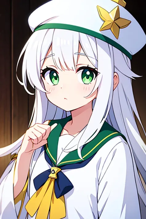 White cap with gold decoration、Long white hair、Green Eyes、Sailor&#39;White uniform