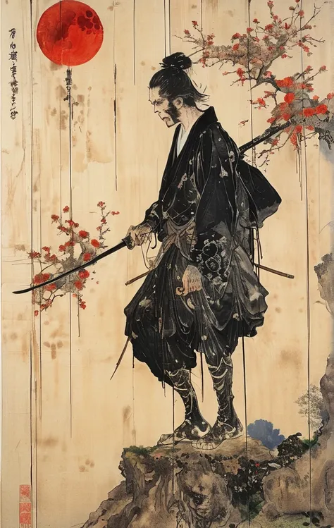 Japanese line drawing    , A samurai( Tied to a wooden steak、There are many arrows stuck in it,:1.2) The skeletal structure of the lower body cannot be seen , Torn rag, Rope and bloody ground, Black sky and big moon , Floral Damask Background ,  Takato Yam...