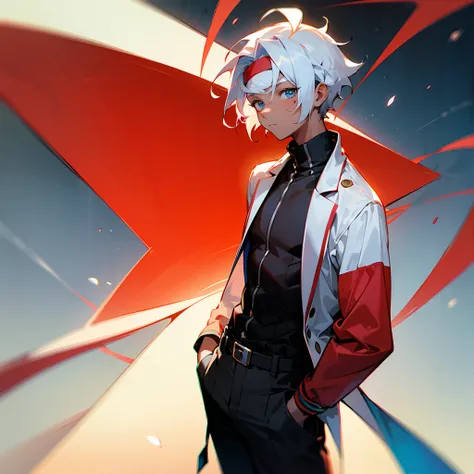 1male, Modern Undercut Hair ,Young Male, Curly White Hair , Pale Blue Eyes , Dark Skin ,Black Headband ,Black Yukata with red Swirl markings , White Fitted Turtleneck Longsleeve, Calm Expression , Standing on Path