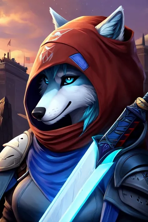 Furry, White & Blue Wolf, female, Fantasy, Destiny 2 the game, Destiny 2 Hunter, Cloak, Hood up, Sword,