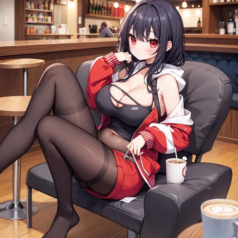 1 girl,  Wisps of hair on the face, Red Eyes, mascara, Oversized Hoodie, diaphragm, Hot Pants, Tights, laced Tights, sit, cafes, feet in Tights,Large Breasts, 8k, masterpiece,cleavage，Showing belly，Show your shoulders