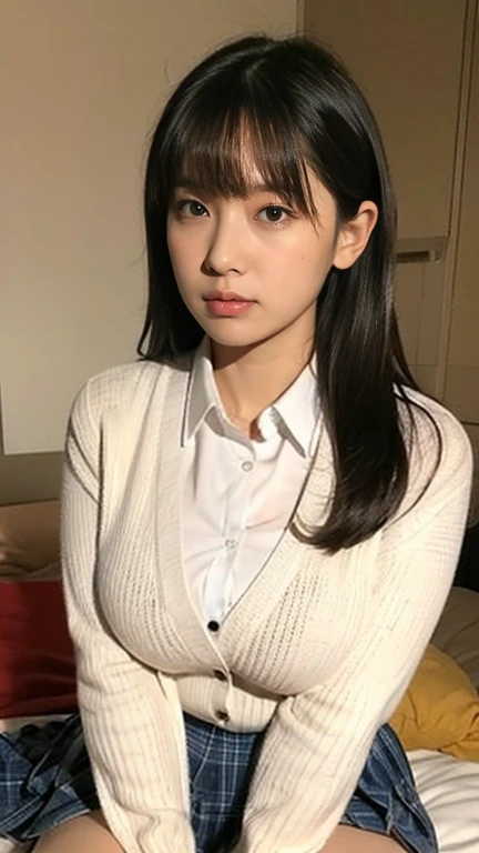 alone、Natural body shape、White skin、Natural Makeup、Black Hair、bangs、Straight Long Hair、、(High  、Beige long sleeve cardigan、White blouse、blue plaid pleated skirt)、、(Big Breasts:1.3)、((The upper body is wearing a uniform))、(((((Looking at the camera)))))、(((...