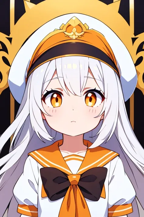 White cap with gold decoration、Long white hair、Orange Eyes、Sailor&#39;White uniform