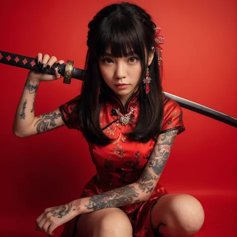 ((masterpiece))),(((best quality))),((super detailed)),((extremely delicate and beautiful)),(wide shot, wide-angle lens,Panoramic:1.2),super wide Angle,Low Angle shooting,super wide lens, xuer ai yazawa style girl,1girl,solo,tattoo,red background,red eye