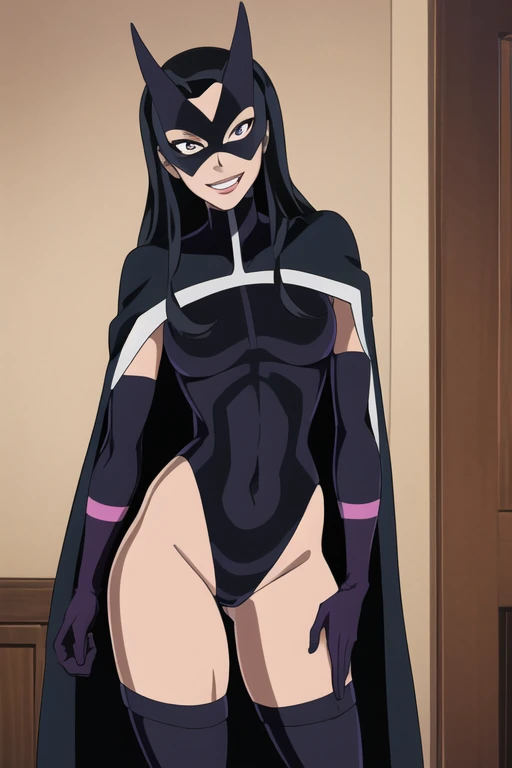 Huntress_JLU, cape, long cape, black hair, long hair, mask, leotard, navel, gloves, solo, smile, bodysuit, room, standing
