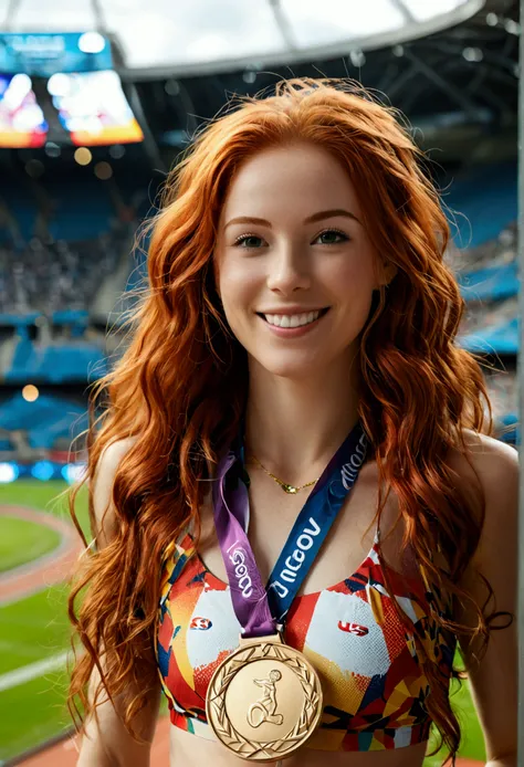 ultra realistic, photography, long red hair, girl, 24 years old, hourglass figure, perfect body, Flirty look, natural breasts, blur background, in a sold out olympic stadium, being an olympic runner, wearing a gold medal, smiling, Number 001, wide shot (wi...