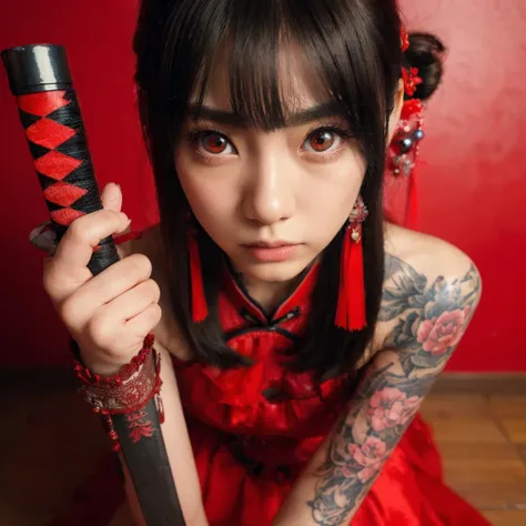 ((masterpiece))),(((best quality))),((super detailed)),((extremely delicate and beautiful)),(wide shot, wide-angle lens,Panoramic:1.2),super wide Angle,Low Angle shooting,super wide lens, xuer ai yazawa style girl,1girl,solo,tattoo,red background,red eye