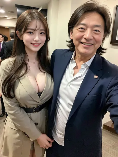 (A beautiful young Korean female president dressed as a politician is huddled with her grandfather:1.3)(Grinning expression:1.2)(20-year-old:1.3)(Huge , There is cleavage in the chest:1.2),(Sweating profusely)(Huge boobs)(Elegant, shiny, long brown hair:1....